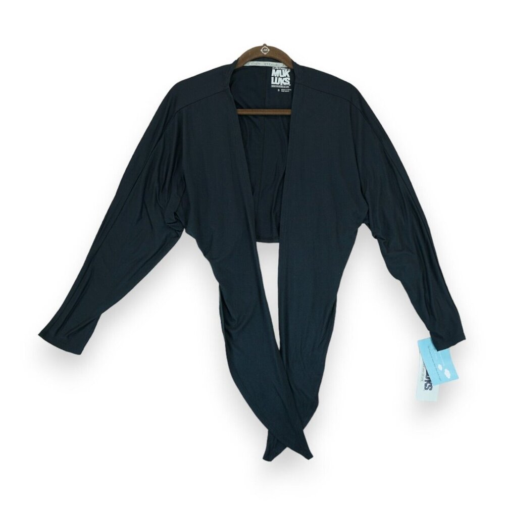 NWT MUK LUKS Cloud Knit Tie Front Shrug Lounge Coverup Women's‎ Top Small Black